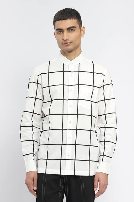 Abraham And Thakore_Ivory Cotton Classic Checks Print Shirt_Online_at_Aza_Fashions