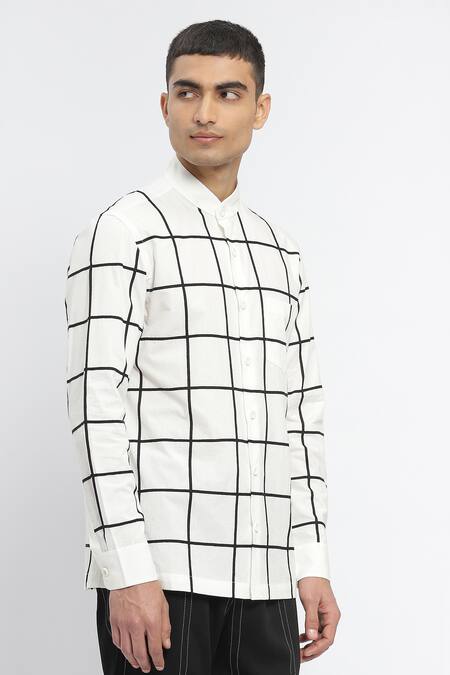 Shop_Abraham And Thakore_Ivory Cotton Classic Checks Print Shirt_Online_at_Aza_Fashions