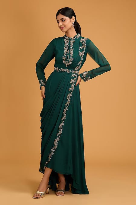 BAIDEHI Green Georgette Hand Embroidered Cutdana Closed Round Floral Draped Gown 