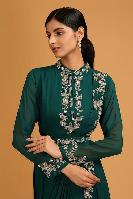 Baidehi_Green Georgette Cut Work, Embroidery, Pearls, Sequins Round Floral Draped Gown _Online_at_Aza_Fashions