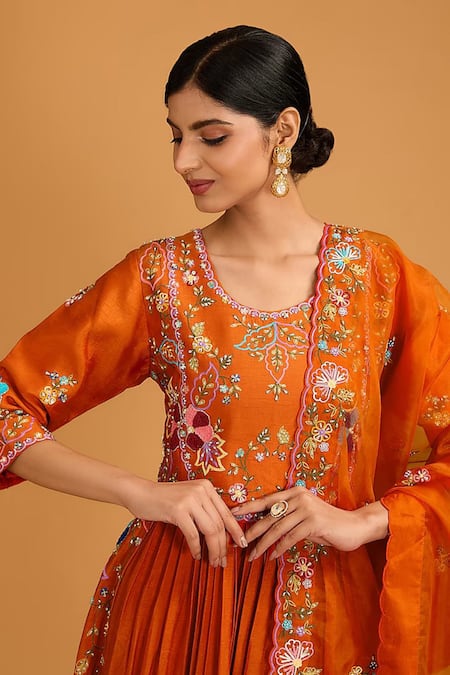 BAIDEHI Orange Bamboo, Organza Pearls, Sequins, Floral Anarakali With Dupatta Online at Aza Fashions BAIDEHI_Orange Bamboo, Organza Pearls, Sequins, Floral Anarakali With Dupatta _Online_at_Aza_Fashions