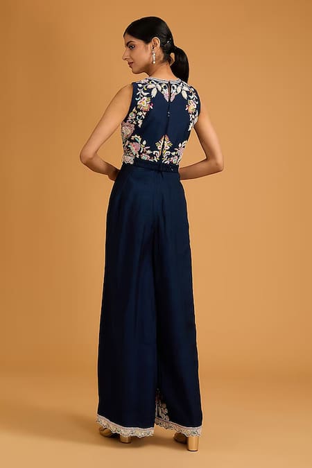 Shop BAIDEHI Navy Bemberg, Silk Sequins, Diamonds, Floral Hand Jumpsuit With Belt at Aza Fashions Shop_BAIDEHI_Navy Bemberg, Silk Sequins, Diamonds, Floral Hand Jumpsuit With Belt _at_Aza_Fashions