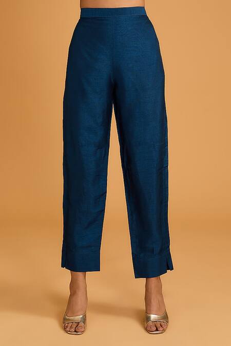 BAIDEHI_Blue Bamboo, Net Sequins, Beads, Embroidery V-neck Angrakha Pant Set _Online_at_Aza_Fashions