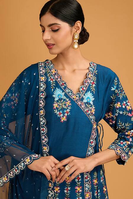 Buy_BAIDEHI_Blue Bamboo, Net Sequins, Beads, Embroidery V-neck Angrakha Pant Set _Online_at_Aza_Fashions