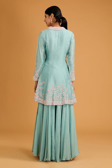 Shop BAIDEHI Blue Bamboo, Crepe, Net Mandala Floral Embroidered Kalidaar Kurta Sharara Set at Aza Fashions Shop_BAIDEHI_Blue Bamboo, Crepe, Net Mandala Floral Embroidered Kalidaar Kurta Sharara Set _at_Aza_Fashions