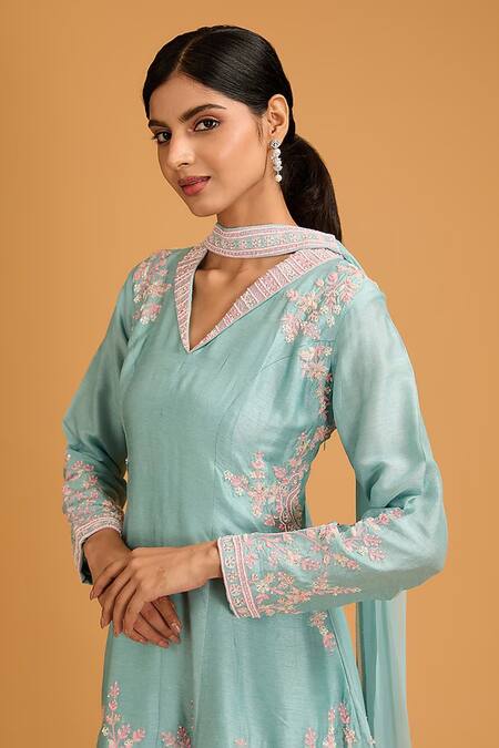Buy BAIDEHI Blue Bamboo, Crepe, Net Mandala Floral Embroidered Kalidaar Kurta Sharara Set Online at Aza Fashions Buy_BAIDEHI_Blue Bamboo, Crepe, Net Mandala Floral Embroidered Kalidaar Kurta Sharara Set _Online_at_Aza_Fashions