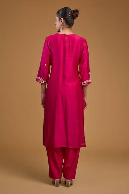 Shop BAIDEHI Pink Denim, Silk, Chanderi, Organza Sequins, Diamonds, Floral Kurta Pant Set at Aza Fashions Shop_BAIDEHI_Pink Denim, Silk, Chanderi, Organza Sequins, Diamonds, Floral Kurta Pant Set _at_Aza_Fashions