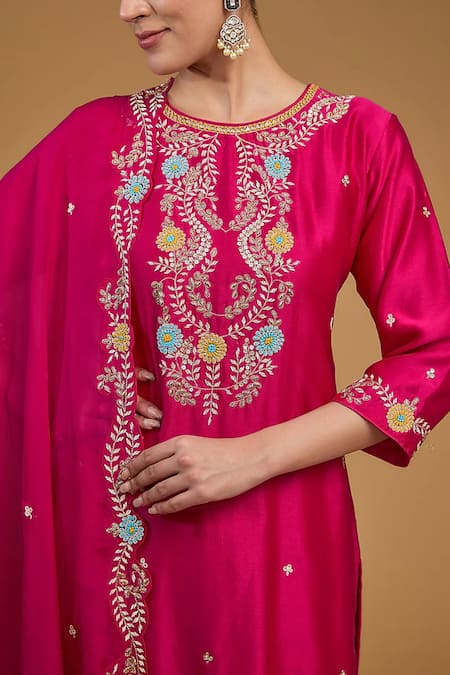 Buy BAIDEHI Pink Denim, Silk, Chanderi, Organza Sequins, Diamonds, Floral Kurta Pant Set Online at Aza Fashions Buy_BAIDEHI_Pink Denim, Silk, Chanderi, Organza Sequins, Diamonds, Floral Kurta Pant Set _Online_at_Aza_Fashions