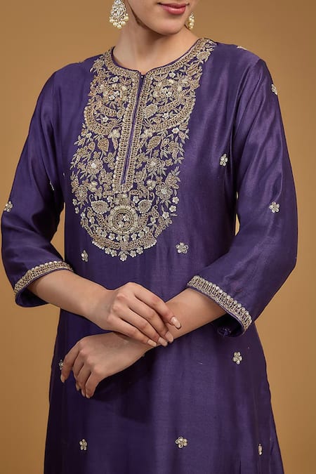 Buy_BAIDEHI_Purple Silk, Cotton, Sequins, Embroidered Yoke Kurta Pant Set _Online_at_Aza_Fashions