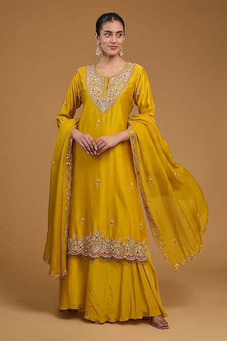 Baidehi Yellow Bamboo, Cotton, Silk, Organza Beads, Sequins, Yoke Kurta With Sharara Set 