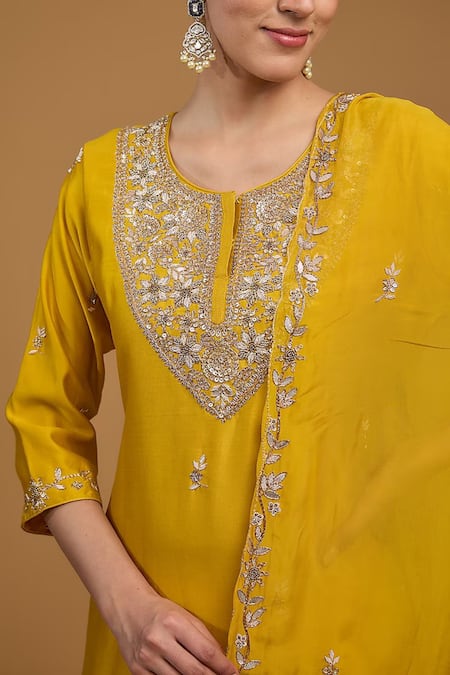 Buy_Baidehi_Yellow Bamboo, Cotton, Silk, Organza Beads, Sequins, Yoke Kurta With Sharara Set _Online_at_Aza_Fashions