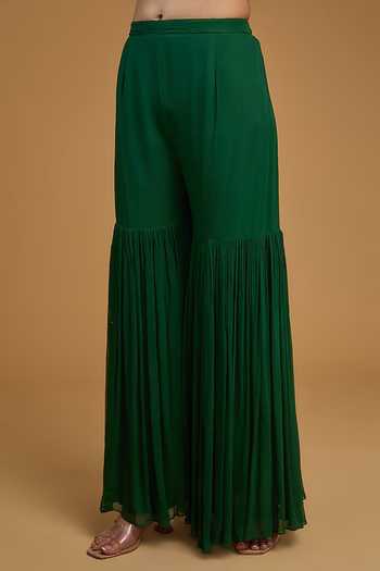 BAIDEHI Green Chanderi Silk, Georgette, Organza Floral Yoke Kurta With Sharara Set Online at Aza Fashions BAIDEHI_Green Chanderi Silk, Georgette, Organza Floral Yoke Kurta With Sharara Set _Online_at_Aza_Fashions