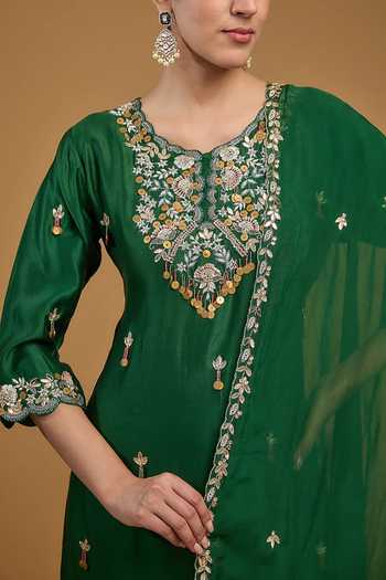 Buy BAIDEHI Green Chanderi Silk, Georgette, Organza Floral Yoke Kurta With Sharara Set Online at Aza Fashions Buy_BAIDEHI_Green Chanderi Silk, Georgette, Organza Floral Yoke Kurta With Sharara Set _Online_at_Aza_Fashions