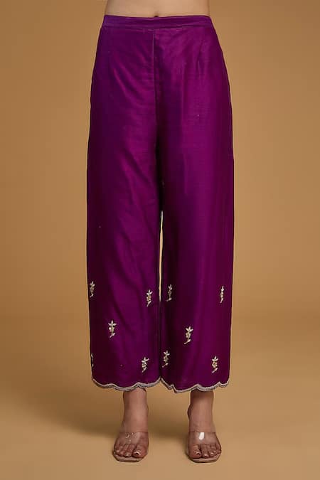 Baidehi_Purple Bamboo, Organza Crystals, Beads, Embroidery, Flora Zari Kurta Pant Set _Online_at_Aza_Fashions