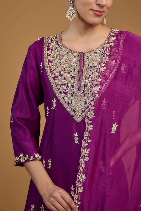 Buy_Baidehi_Purple Bamboo, Organza Crystals, Beads, Embroidery, Flora Zari Kurta Pant Set _Online_at_Aza_Fashions