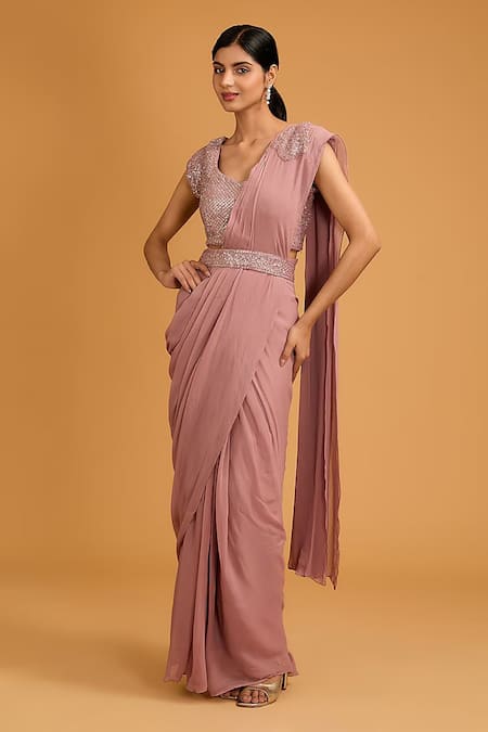 BAIDEHI Sequin Embroidered Pre-Draped Saree Set 