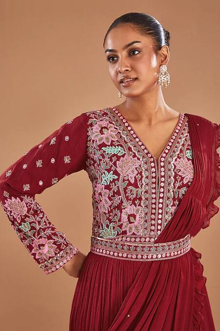 Baidehi_Maroon Georgette Cut Work, Sequins, Beads Resham Hand Embroidered Draped Gown _Online_at_Aza_Fashions