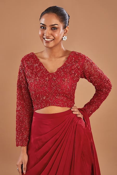 Baidehi_Red Net Embroidery V-neck Resham Hand Draped Lehenga Saree Set _Online_at_Aza_Fashions