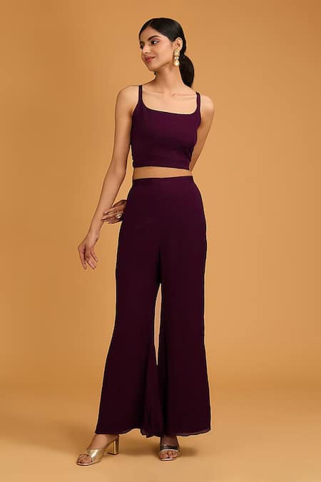 BAIDEHI_Wine Georgette, Chiffon Beads, Geometric Embroidered Jacket And Palazzo Set _Online_at_Aza_Fashions