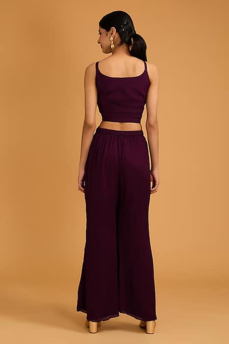 Buy_BAIDEHI_Wine Georgette, Chiffon Beads, Geometric Embroidered Jacket And Palazzo Set _Online_at_Aza_Fashions