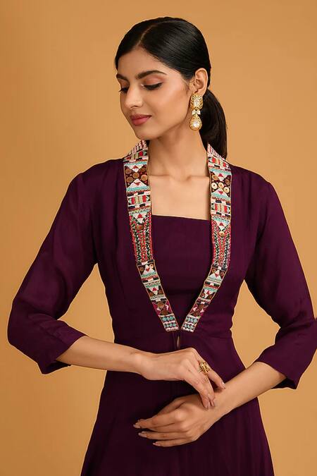 Shop_BAIDEHI_Wine Georgette, Chiffon Beads, Geometric Embroidered Jacket And Palazzo Set _Online_at_Aza_Fashions