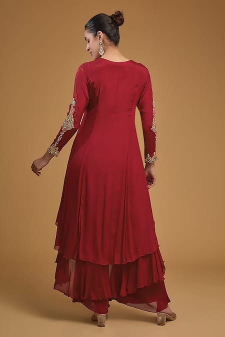 Shop BAIDEHI Red Georgette, Chiffon Pearls, Sequins, Embroidered Asymmetric Kurta Palazzo Set at Aza Fashions Shop_BAIDEHI_Red Georgette, Chiffon Pearls, Sequins, Embroidered Asymmetric Kurta Palazzo Set _at_Aza_Fashions