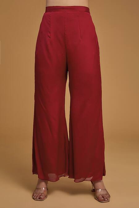 BAIDEHI Red Georgette, Chiffon Pearls, Sequins, Embroidered Asymmetric Kurta Palazzo Set Online at Aza Fashions BAIDEHI_Red Georgette, Chiffon Pearls, Sequins, Embroidered Asymmetric Kurta Palazzo Set _Online_at_Aza_Fashions