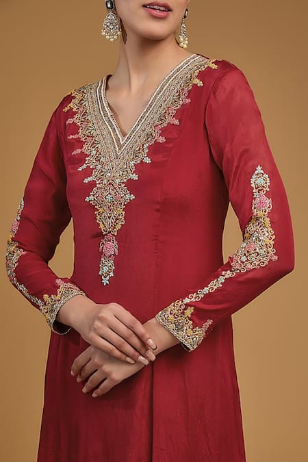 Buy BAIDEHI Red Georgette, Chiffon Pearls, Sequins, Embroidered Asymmetric Kurta Palazzo Set Online at Aza Fashions Buy_BAIDEHI_Red Georgette, Chiffon Pearls, Sequins, Embroidered Asymmetric Kurta Palazzo Set _Online_at_Aza_Fashions