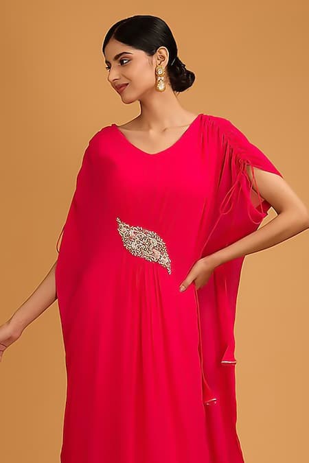 BAIDEHI Red Georgette Sequins, Embroidery V-neck Thread Draped Kaftan Online at Aza Fashions BAIDEHI_Red Georgette Sequins, Embroidery V-neck Thread Draped Kaftan _Online_at_Aza_Fashions