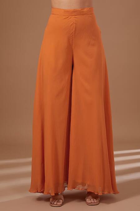 BAIDEHI_Orange Georgette Embroidery, Pearls Round Neck Floral Kurta And Palazzo Set _Online_at_Aza_Fashions