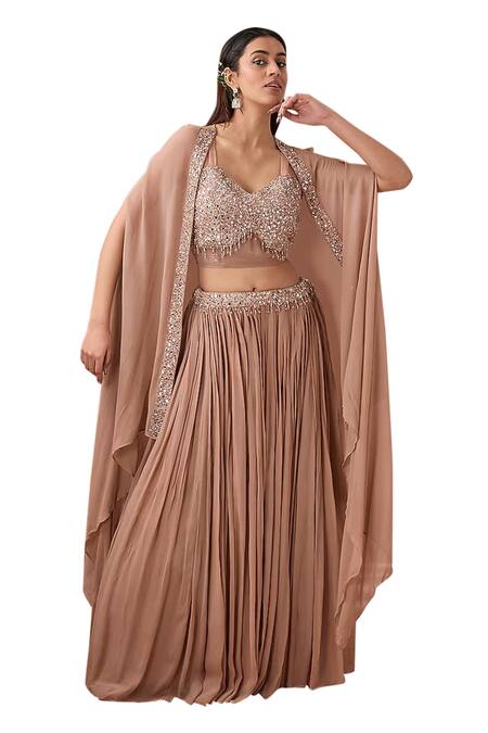 BAIDEHI_Brown Bamboo, Georgette Mirrors, Beads Embroidered Blouse And Lehenga Set_Online_at_Aza_Fashions