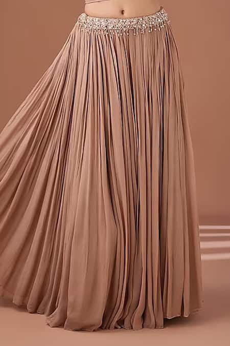 Shop_BAIDEHI_Brown Bamboo, Georgette Mirrors, Beads Embroidered Blouse And Lehenga Set_Online_at_Aza_Fashions