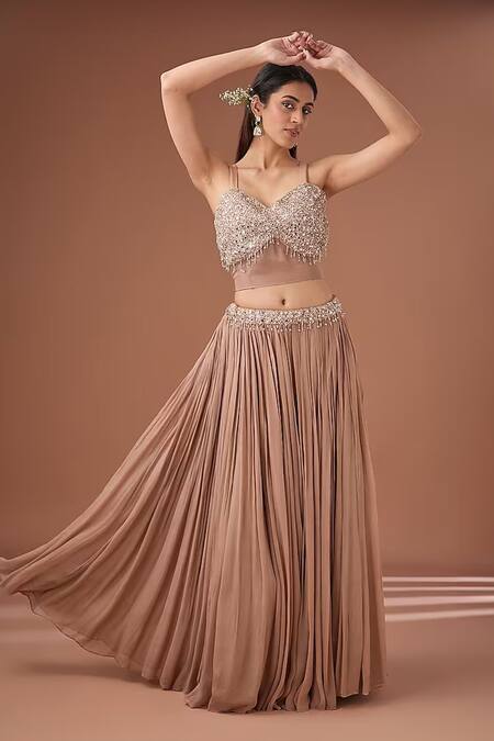 BAIDEHI_Brown Bamboo, Georgette Mirrors, Beads Embroidered Blouse And Lehenga Set_at_Aza_Fashions