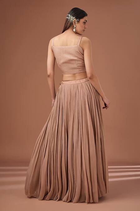 Buy_BAIDEHI_Brown Bamboo, Georgette Mirrors, Beads Embroidered Blouse And Lehenga Set