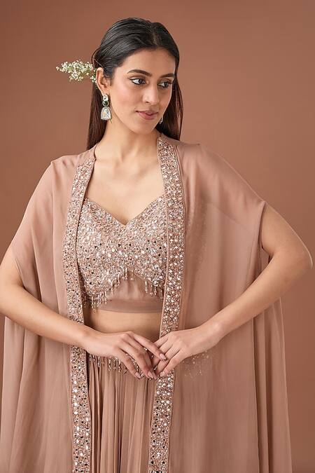 Shop_BAIDEHI_Brown Bamboo, Georgette Mirrors, Beads Embroidered Blouse And Lehenga Set