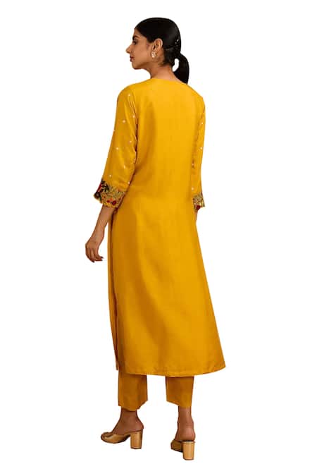 Buy_Baidehi_Yellow Bamboo, Organza Embroidery Collared Floral Kurta And Pant Set _Online_at_Aza_Fashions