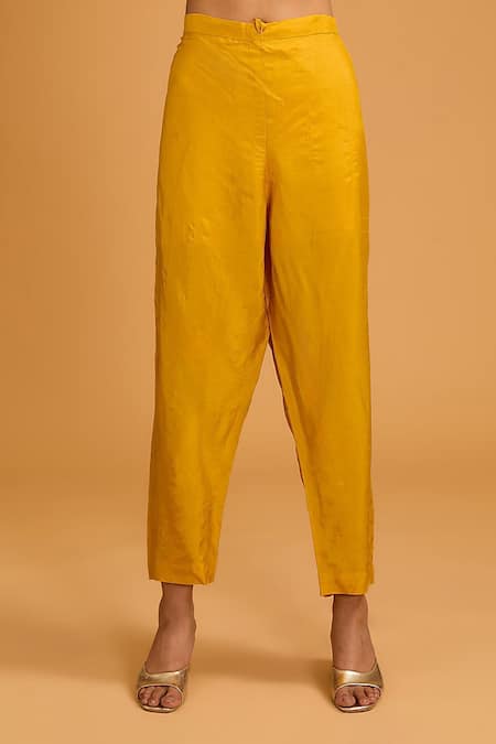 Shop_Baidehi_Yellow Bamboo, Organza Embroidery Collared Floral Kurta And Pant Set _Online_at_Aza_Fashions