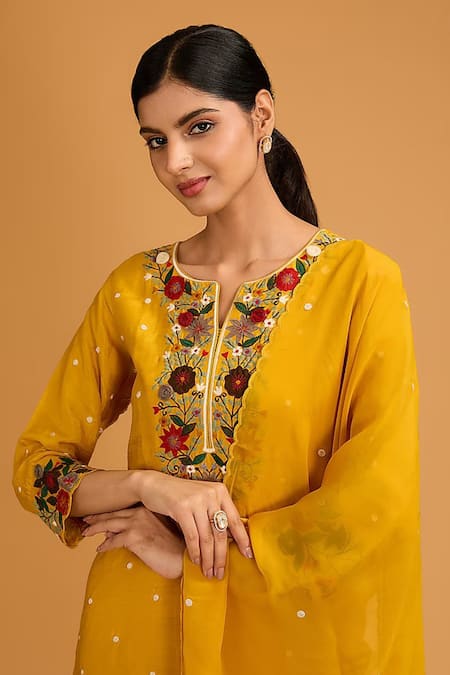 Baidehi_Yellow Bamboo, Organza Embroidery Collared Floral Kurta And Pant Set _at_Aza_Fashions