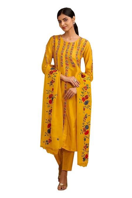 Buy BAIDEHI Yellow Silk, Organza, Bamboo Embroidery Round Neck Cutdana Kurta And Dupatta Set Online at Aza Fashions Buy_BAIDEHI_Yellow Silk, Organza, Bamboo Embroidery Round Neck Cutdana Kurta And Dupatta Set _Online_at_Aza_Fashions