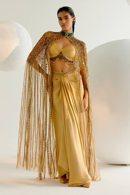 Shashank Arya Gold Satin, Georgette Beads, Crystals Embellished Cape Dhoti Skirt Set Online at Aza Fashions Shashank Arya_Gold Satin, Georgette Beads, Crystals Embellished Cape Dhoti Skirt Set _Online_at_Aza_Fashions