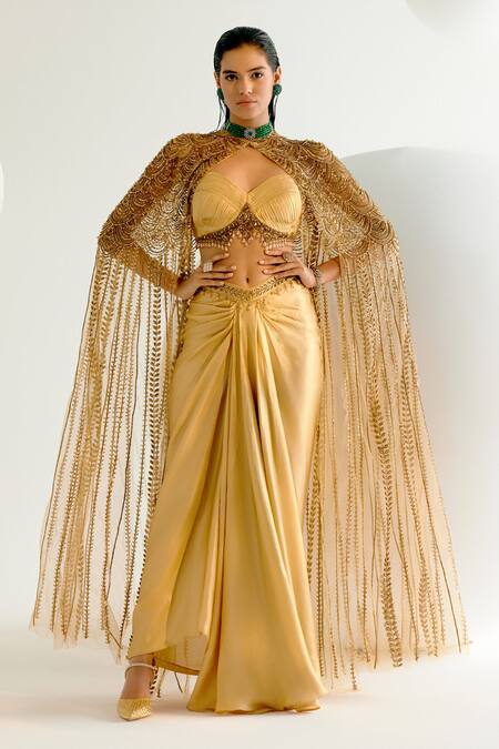 Shop Shashank Arya Gold Satin, Georgette Beads, Crystals Embellished Cape Dhoti Skirt Set Online at Aza Fashions Shop_Shashank Arya_Gold Satin, Georgette Beads, Crystals Embellished Cape Dhoti Skirt Set _Online_at_Aza_Fashions