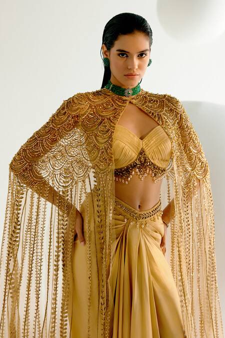 Shashank Arya Gold Satin, Georgette Beads, Crystals Embellished Cape Dhoti Skirt Set at Aza Fashions Shashank Arya_Gold Satin, Georgette Beads, Crystals Embellished Cape Dhoti Skirt Set _at_Aza_Fashions