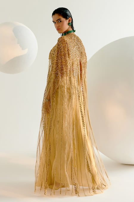 Shop Shashank Arya Gold Satin, Georgette Beads, Crystals Embellished Cape Dhoti Skirt Set at Aza Fashions Shop_Shashank Arya_Gold Satin, Georgette Beads, Crystals Embellished Cape Dhoti Skirt Set _at_Aza_Fashions