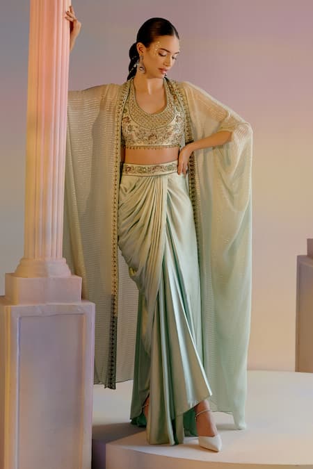 SHASHANK ARYA Border Embroidered Cape Dhoti Skirt Set 