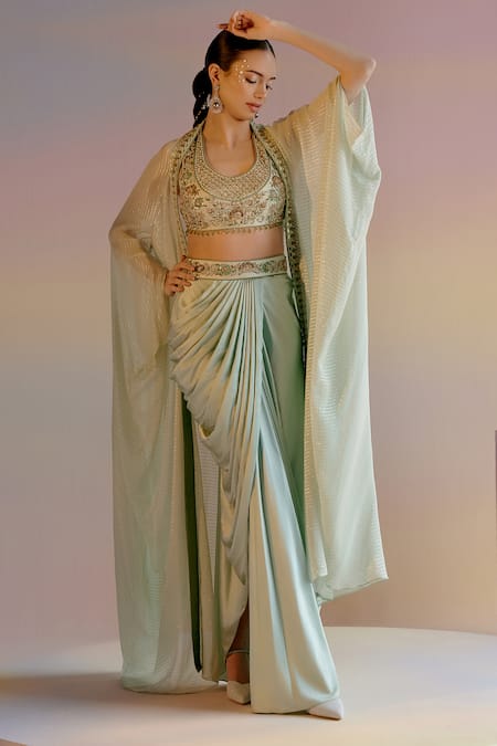 Shashank Arya Green Satin Cut Work, Beads, Mirrors, Border Embroidered Cape Dhoti Skirt Set Online at Aza Fashions Shashank Arya_Green Satin Cut Work, Beads, Mirrors, Border Embroidered Cape Dhoti Skirt Set _Online_at_Aza_Fashions