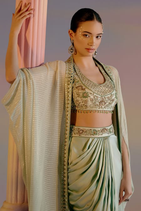 Shop Shashank Arya Green Satin Cut Work, Beads, Mirrors, Border Embroidered Cape Dhoti Skirt Set Online at Aza Fashions Shop_Shashank Arya_Green Satin Cut Work, Beads, Mirrors, Border Embroidered Cape Dhoti Skirt Set _Online_at_Aza_Fashions