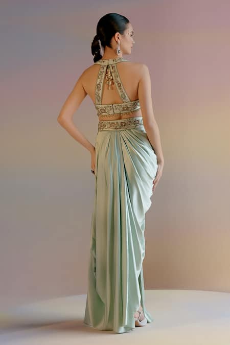 Shop Shashank Arya Green Satin Cut Work, Beads, Mirrors, Border Embroidered Cape Dhoti Skirt Set at Aza Fashions Shop_Shashank Arya_Green Satin Cut Work, Beads, Mirrors, Border Embroidered Cape Dhoti Skirt Set _at_Aza_Fashions