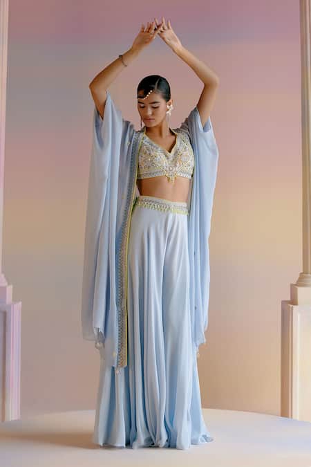 Shashank Arya Blue Crepe, Georgette Crystals, Beads, Zari Zardozi Embroidered Cape Sharara Set Online at Aza Fashions Shashank Arya_Blue Crepe, Georgette Crystals, Beads, Zari Zardozi Embroidered Cape Sharara Set _Online_at_Aza_Fashions