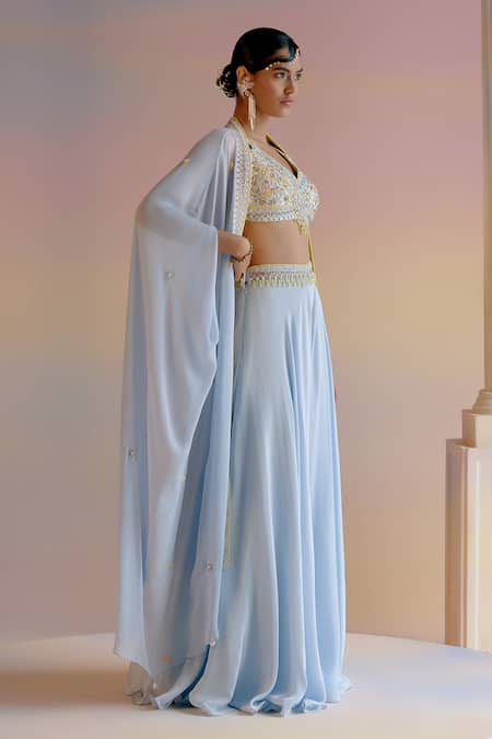 Buy Shashank Arya Blue Crepe, Georgette Crystals, Beads, Zari Zardozi Embroidered Cape Sharara Set Online at Aza Fashions Buy_Shashank Arya_Blue Crepe, Georgette Crystals, Beads, Zari Zardozi Embroidered Cape Sharara Set _Online_at_Aza_Fashions