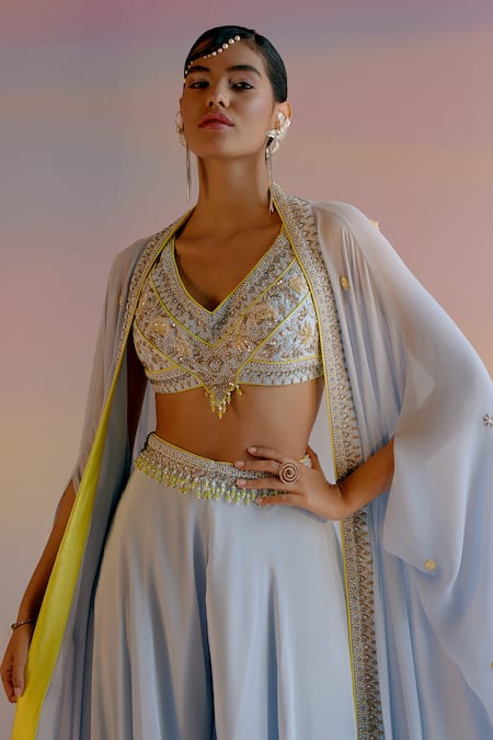 Shop Shashank Arya Blue Crepe, Georgette Crystals, Beads, Zari Zardozi Embroidered Cape Sharara Set Online at Aza Fashions Shop_Shashank Arya_Blue Crepe, Georgette Crystals, Beads, Zari Zardozi Embroidered Cape Sharara Set _Online_at_Aza_Fashions